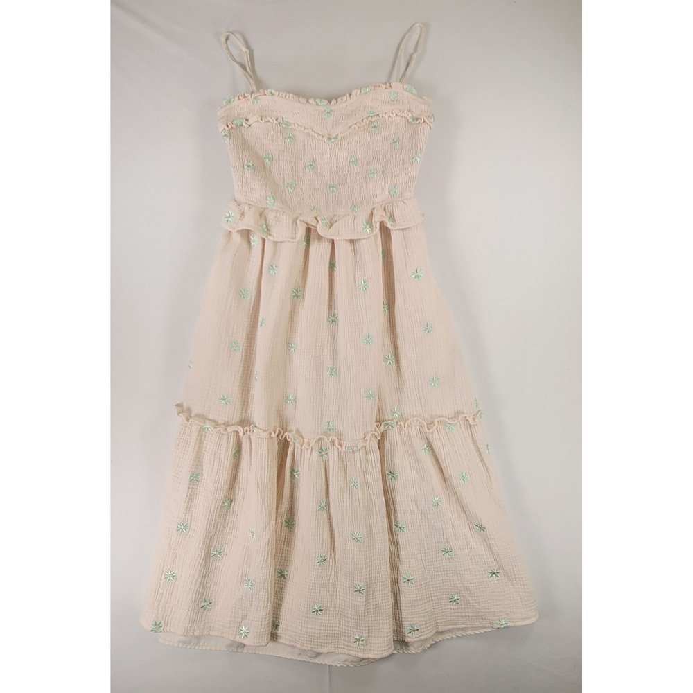 Just Me Smocked Floral‎ Embroidered Cotton Gauze Midi Dress Beige Size M